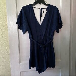 Umgee Boho Navy Eyelet Lace Lightweight Short Sleeve Romper